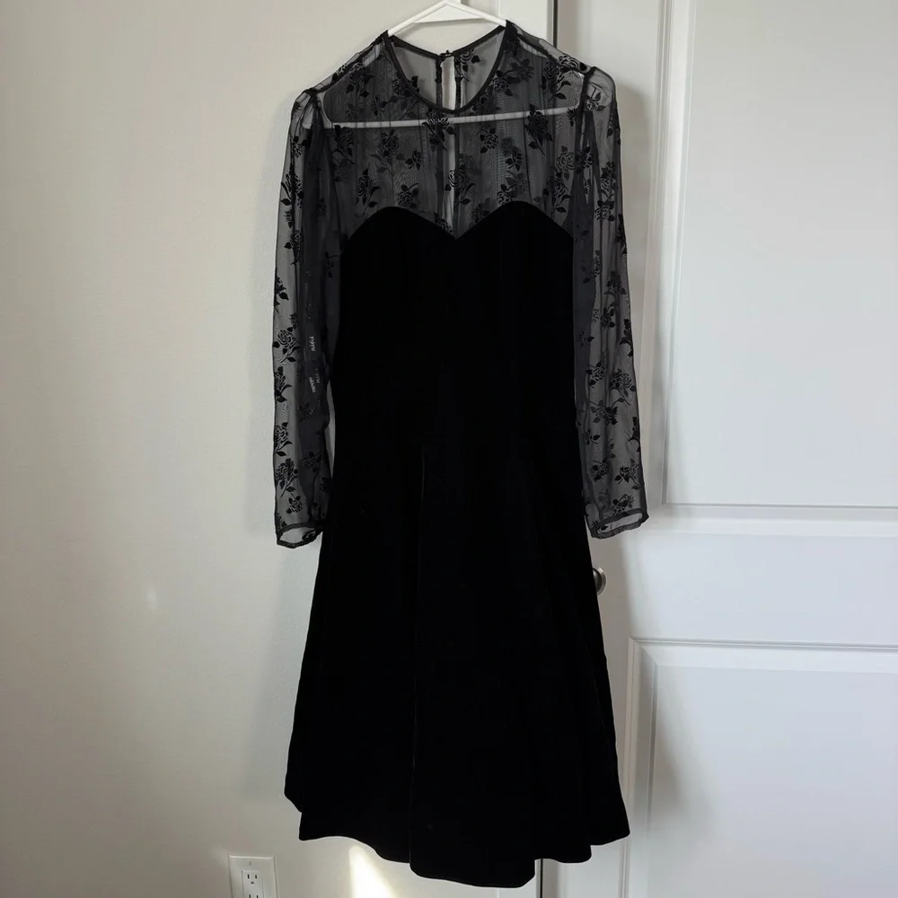 Vintage Niki Black Velvet Floral Dress Size 10 Whimsigoth 80s 90s Prom Sheer - Picture 1 of 13